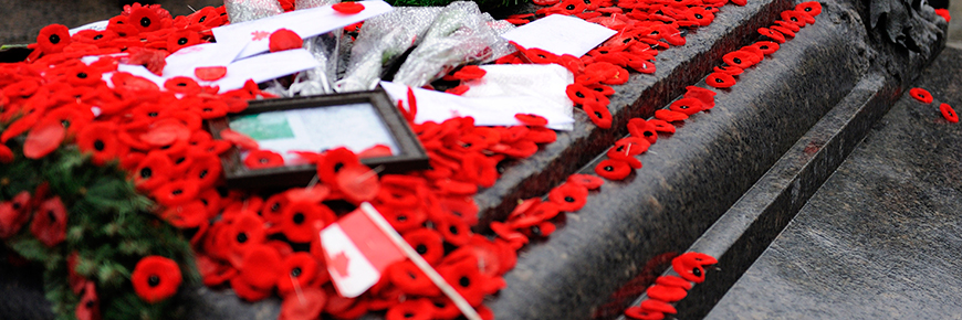Tombe du Soldat inconnu couverte de coquelicots et de drapeaux canadiens