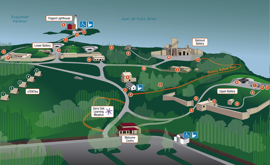 Site map of Fort Rodd Hill and Fisgard Lighthouse National Historic Sites, including trails, historic buildings and Parks Canada facilities and services