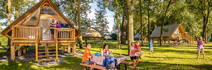 a family in Parks Canada oTENTik accomodation