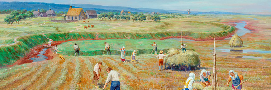 A painting depicting Acadian settlers in a field