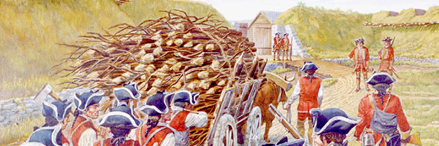 A painting depicting English soldiers bringing a cargo of wood inside the fort