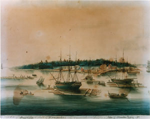 Painting depicting a 19th century shipyard.