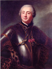 Portrait of Charles Deschamps de Boishébert et de Raffetot, Marquis de Boishébert (1727-1797), c. 1753.  Head and shoulder frontal portrait of the Marquis with arms akimbo, wearing metal armour with the Order of Saint-Louis attached with rose ribbon on chest; fur backdrop.  The painting is part of the permanent collection of the McCord Museum, McGill University, in Montréal, Québec.
