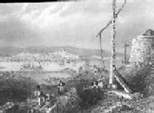 Une gravure en noir et blanc qui représente la Tour, 2 mâts, et 6 personnes au premier plan. Une vue de Saint-Jean et son port est à l'arrière-plan.