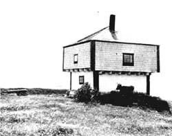 Photographie du blockhaus ouest de St. Andrews et d'une vache vers 1907.