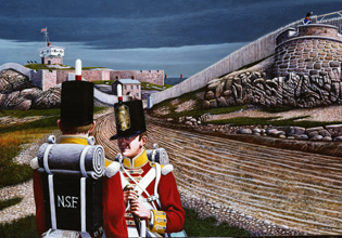 a painting of two 19th century soldiers at Signal Hill