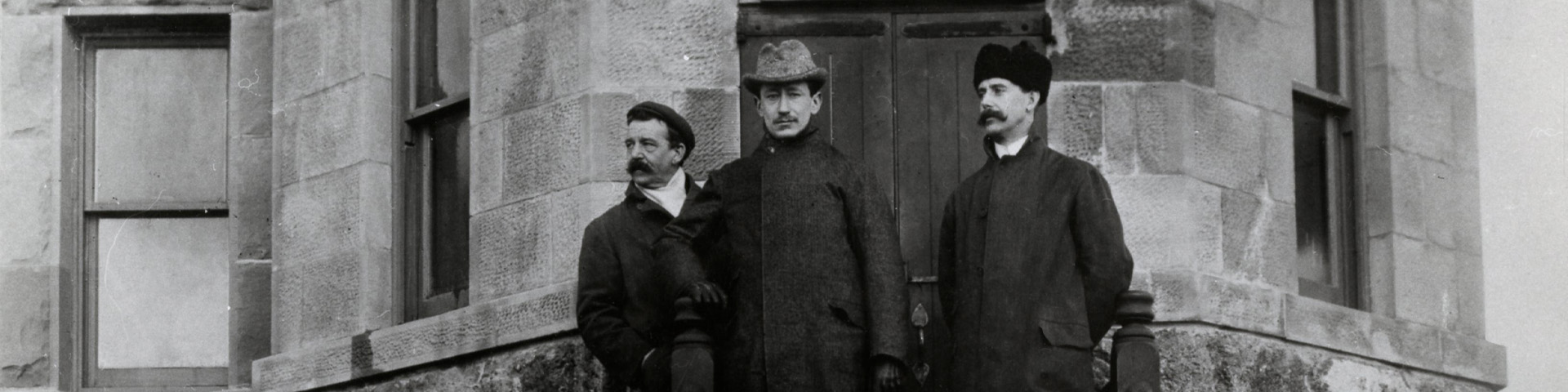 Marconi and some of his colleagues standing at the entrance to Cabot Tower