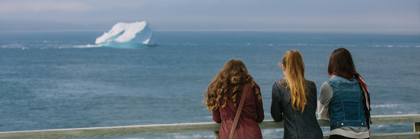 trois individus regardant un iceberg