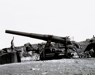 black and white image of a large cannon