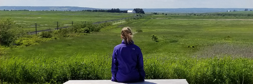 Une jeune femme observant le paysage, assise sur un banc