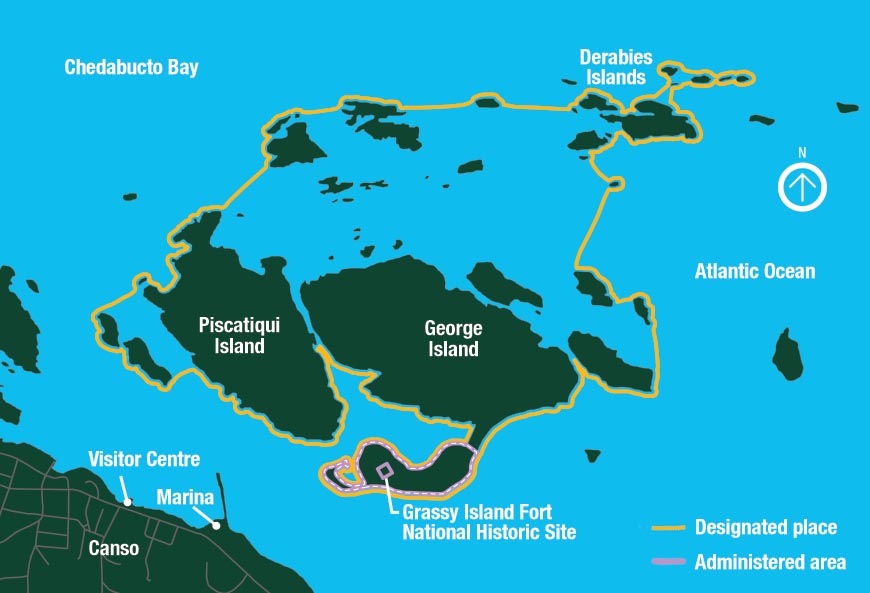 A map of  Canso Islands and Grassy Island Fort National Historic Sites