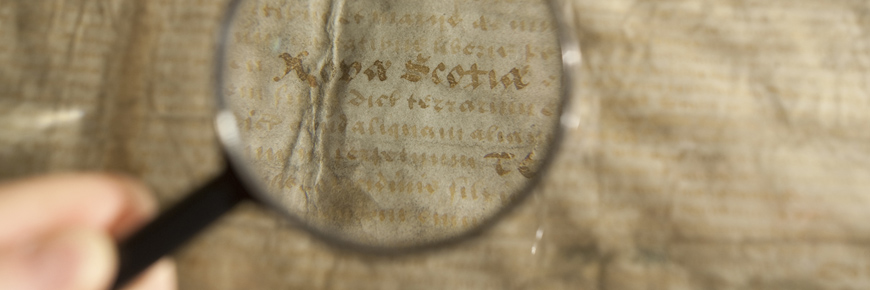 Plan rapproché de la charte de 1621 montrant le nom Nova Scotia écrit pour la première fois