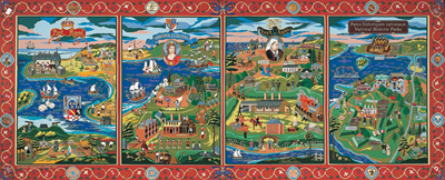  Four panels of the very colourful Fort Anne Heritage Tapestry depicting the complex history of the region.