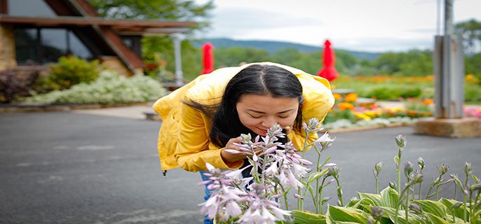 Une femme porte une veste jaune et elle sent des fleurs dans un jardin