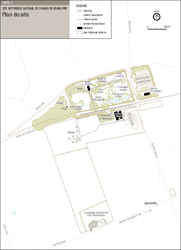 Carte 2: Plan du site, Lieu historique national de Grand-Pré — La version textuelle suit