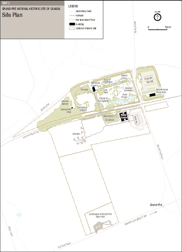 Map 2: Site Plan, Grand-Pré National Historic Site — text description follows