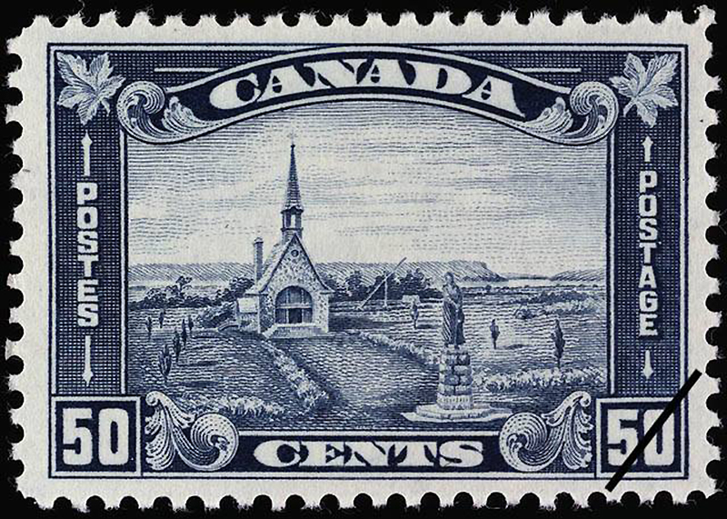 Un vieux timbre du Canada avec une image de l'Église-souvenir et de la statue d'Évangéline