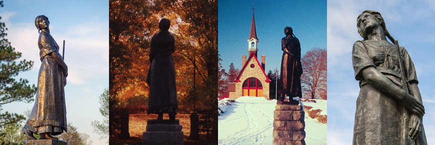 Un montage de  photos de la statue d'Évangéline à travers les quatre saisons.