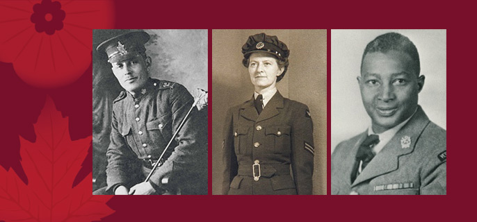 Trois photographies de soldats canadiens en uniforme, deux hommes et une femme ayant participé aux guerres mondiales, sont présentées sur un fond de coquelicot et de feuille d’érable.