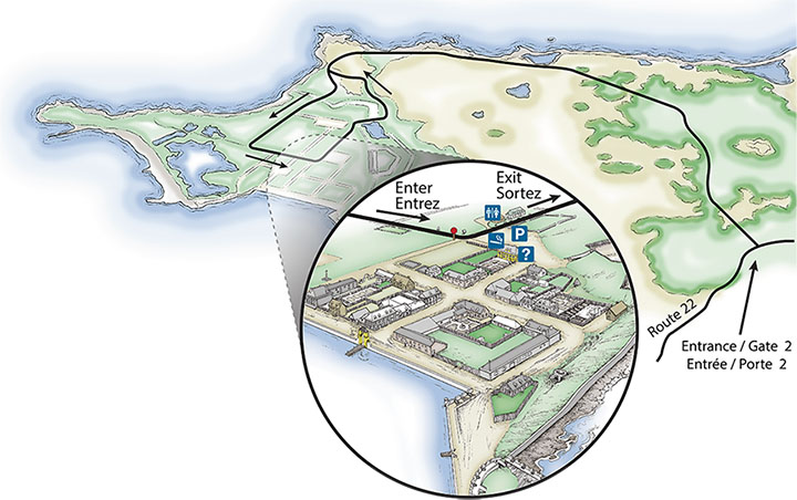 A water colour graphic of the reconstructed town site with arrows showing how to drive onto the site from gate 2