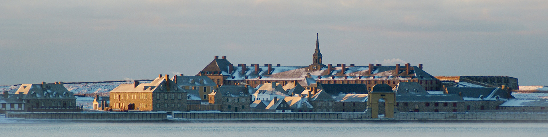 The reconstructed town of Louisbourg covered in snow