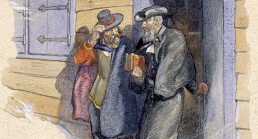 Painting of two men leaving a building.