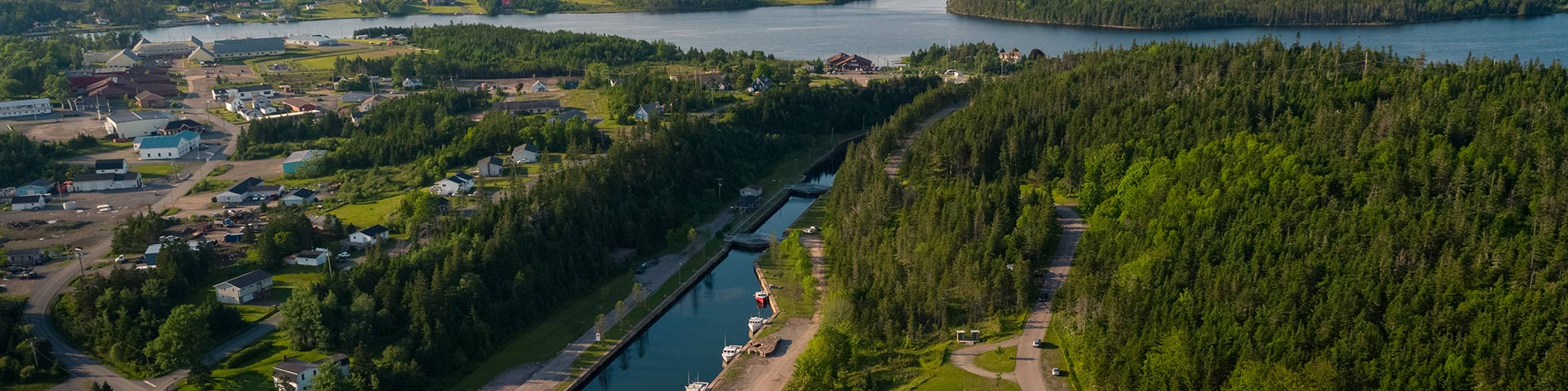 An aerial view of St. Peters Canal and the Bras d'Or Lake