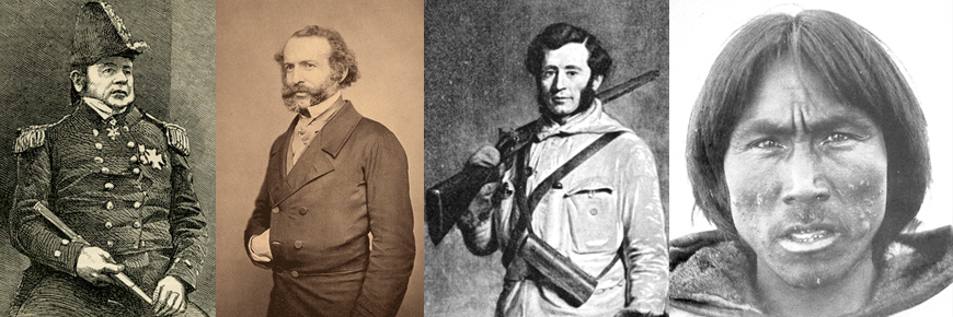 A photomontage of Sir John Franklin, John Rae, Francis McClintock, and William Uligpak.
