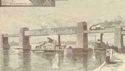 Gravure de la première écluse de Sainte-Anne-de-Bellevue. Deux bateaux à vapeur circulant dans le canal. En arrière-plan, le pont du Grand Tronc à Sainte-Anne-de-Bellevue.