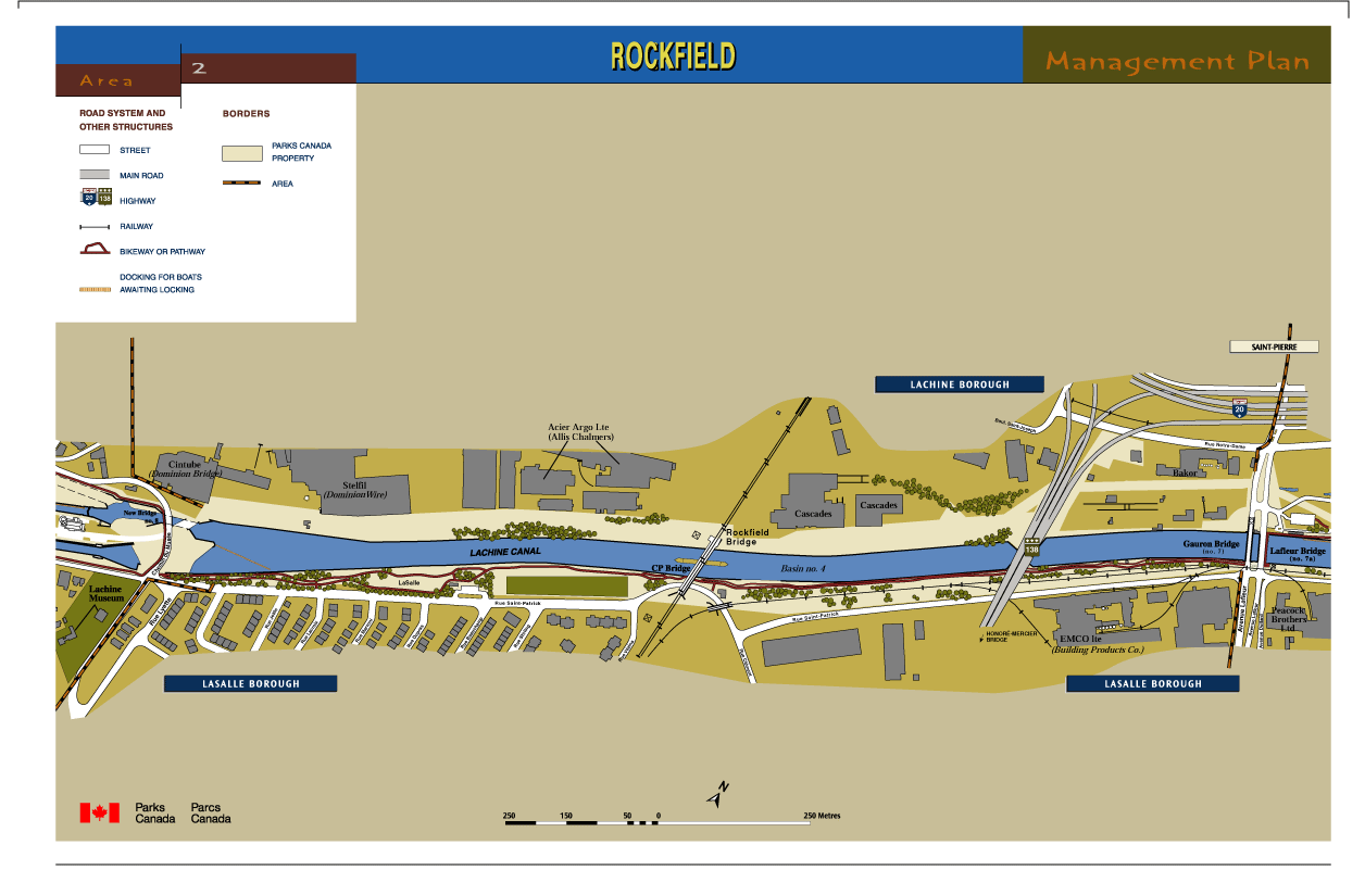 Map of the Rockfield Area giving the location of streets, roads, railways, pedestrian and bicycle paths, as well as the boundaries of Parks Canada land and the different planning areas. From West to East, locations are given for: Lachine Museum, Cintube factory (Dominion Bridge), Stelfil factory (Dominion Wire), Acier Argo factory (Allis Chalmers), CP-Rockfield bridge, Cascades plant, Basin No. 4, EMCO factory (Building Products), Gauron bridge, Lafleur bridge, Peacock Brothers factory