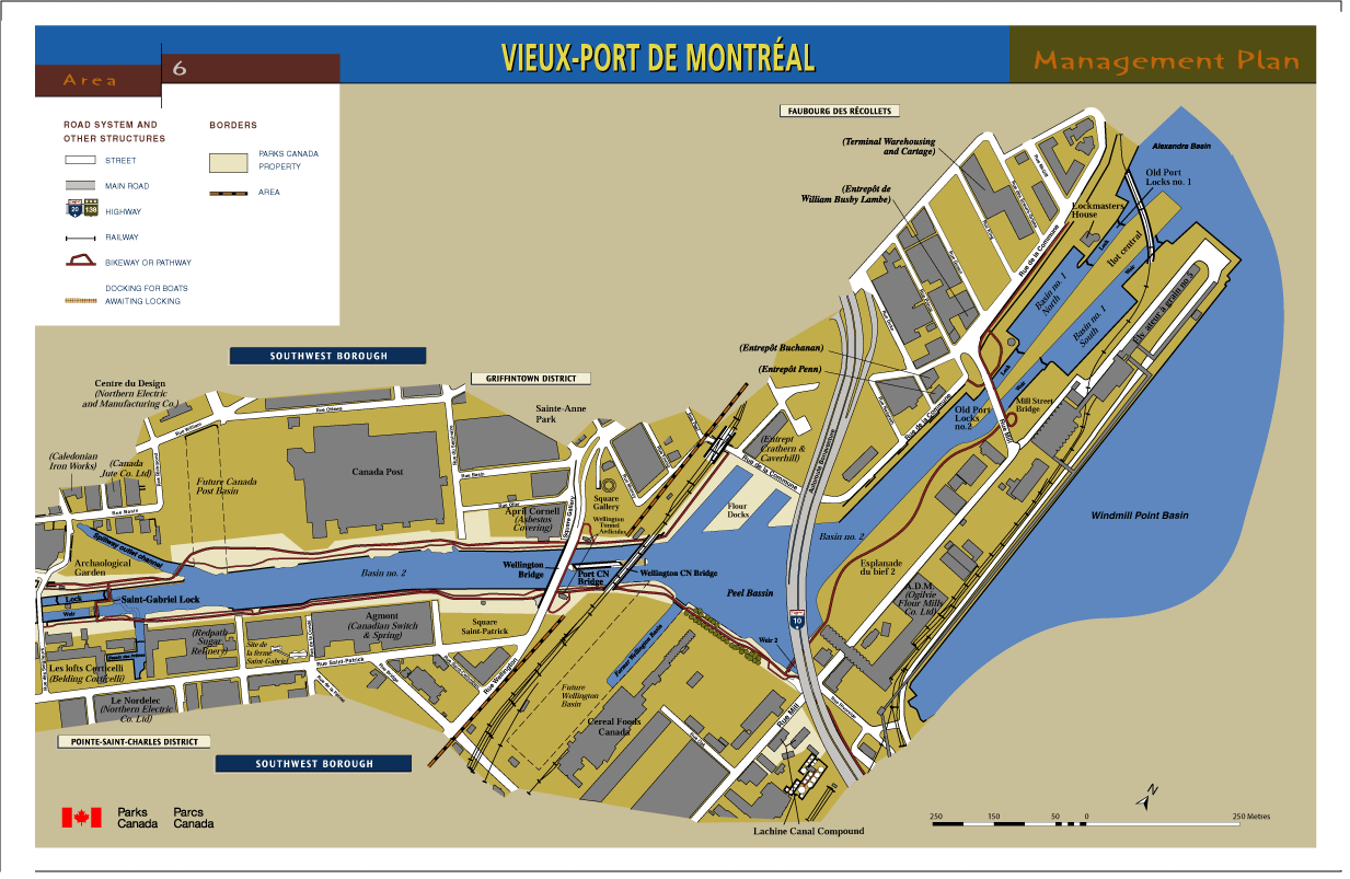 Map of the Old-Port of Montréal Area giving the location of streets, roads, railways, pedestrian and bicycle paths, as well as the boundaries of Parks Canada land and the different planning areas. From West to East, locations are given for: Former Caledonian Iron Works, Lofts Corticelli, Archaeological park, Saint-Gabriel Lock, Former Canada Jute, Nordelec (Northern Telecom), Supply weir, Centre du Design (Northern Eletric), Former Redpath Sugar, Future Des Postes basin, Ferme Saint-Gabriel site, Canada Posts, Basin No. 2, Agmont (Canadian Switch and Spring), April Cornell (Asbestos Covering), Wellington bridge, CN- Port bridge, CN-Wellington bridge, Wellington basin (today, and in the future), Cereal Foods Canada, Peel Basin and Flour Basins, Former Crathern & Caverhill), Canal compound, Basin No. 2, Penn warehouse, Buchanan warehouse, ADM (Ogilvie Flour Mills), Former William Busby Lambe warehouse, Former Terminal Warehousing, Old-Port Lock No. 2, Mill bridge, Basin No. 1 (North and South), Dividing island, Maison des éclusiers, Old-Port Lock No. 1, Windmill Point Basin and Alexandra Basin