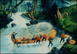 Lithographie de Bartlett. Douze Voyageurs canadiens poussant un canot dans un rapide.