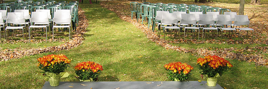 Chaises, fleurs, herbe et feuilles tombées sur le sol