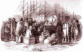 dessin représentant des passagers attendant l'embarquement dans un port, avec toutes leurs possessions