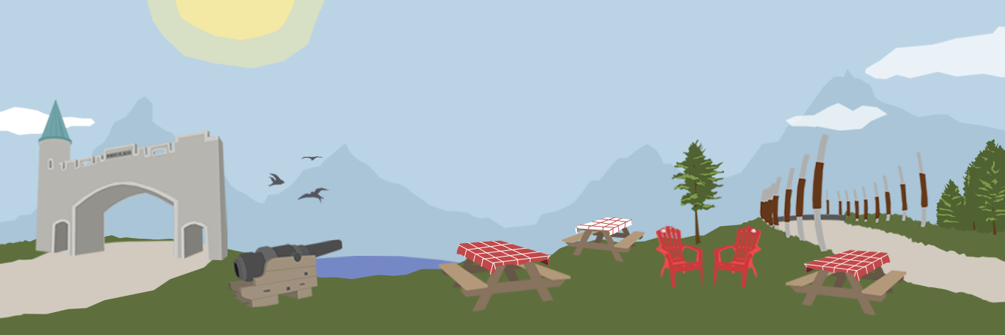 Image en dessin avec porte saint-jean, un canon, des tables à pique-niques, des chaises rouges ainsi qu'une structure de la grande hermine