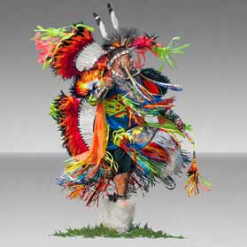 A powwow dancer dressed in regalia