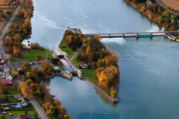Drone view of the Saint-Ours lock surrounded by fall colored trees