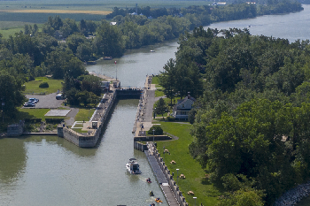 Drone view of the Saint-Ours lock surrounded by green vegetation