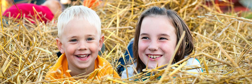 Two children playing in a pile of hay.