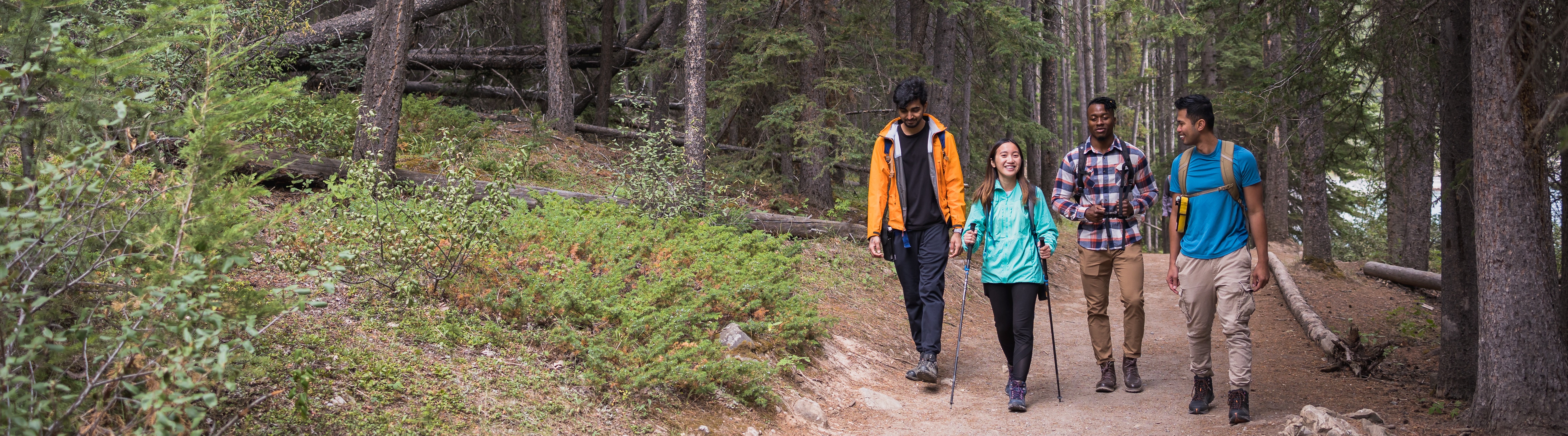 Friends walk on trail in Banff National Park. 