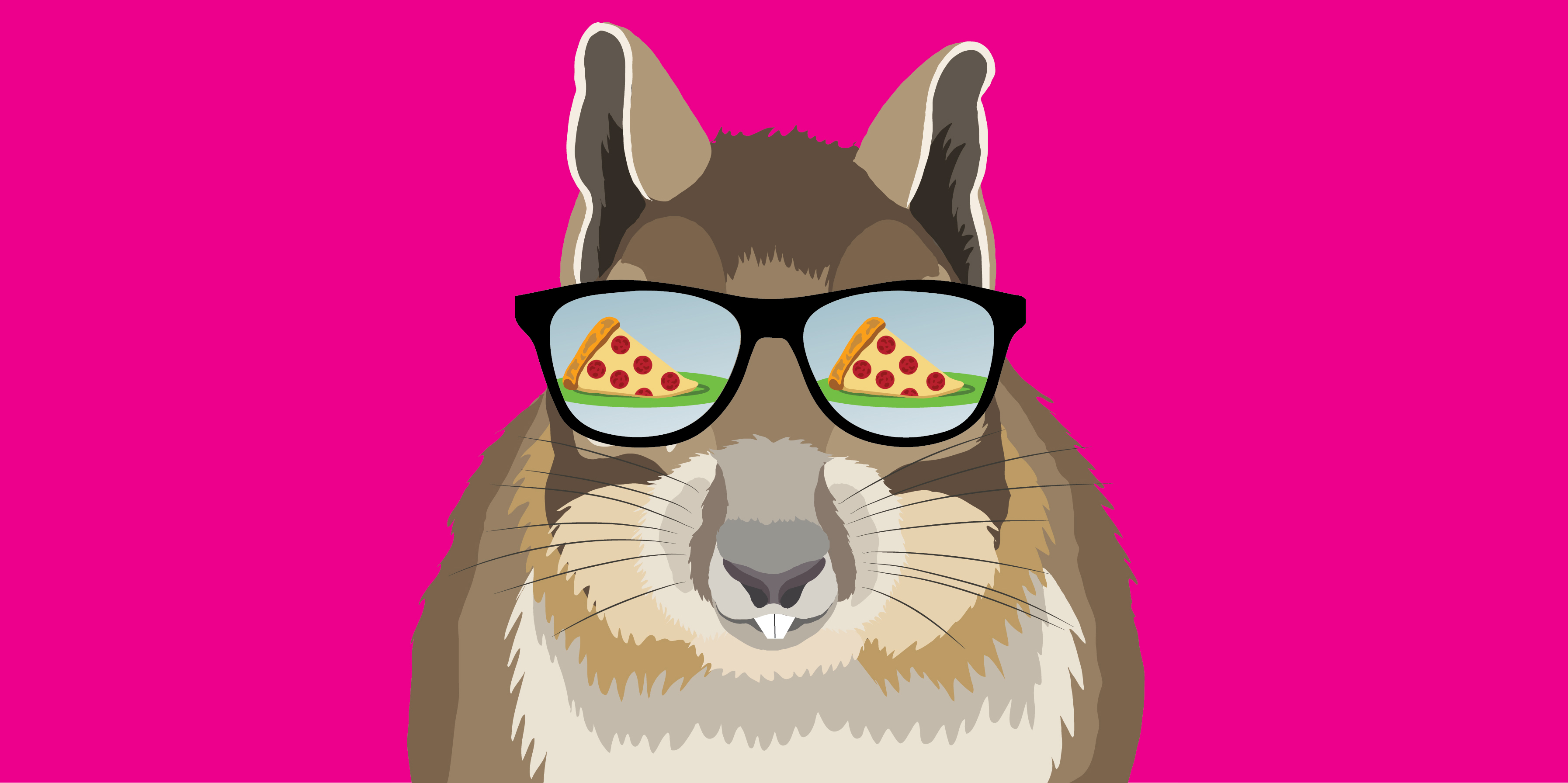 Drawing of a ground squirrel wearing sunglasses on a pink background. A slice of pizza is in the reflection of the sunglasses.