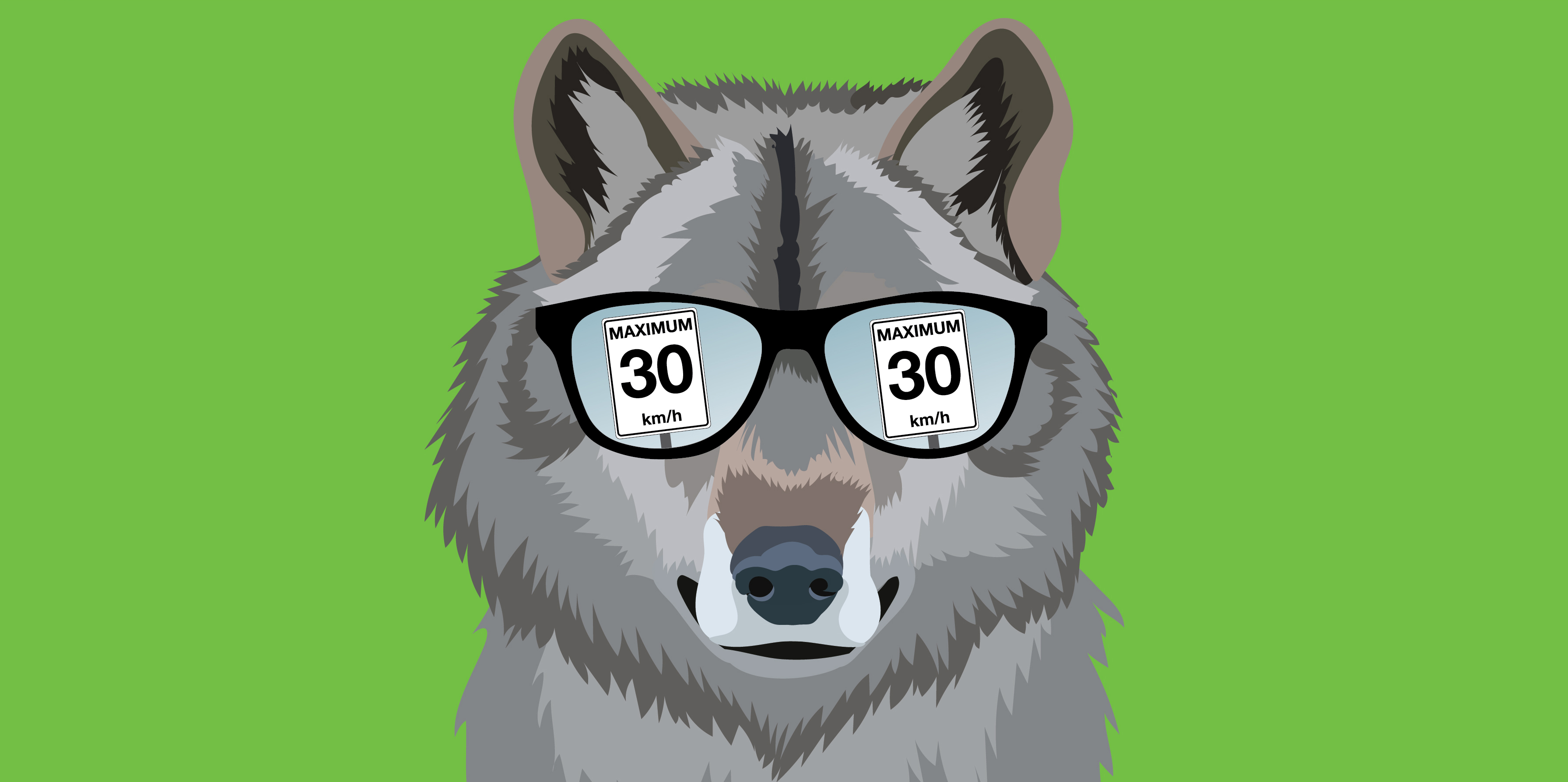 Drawing of a wolf wearing sunglasses on a green background. A 30km per hour speed limit sign is in the reflection of the sunglasses.