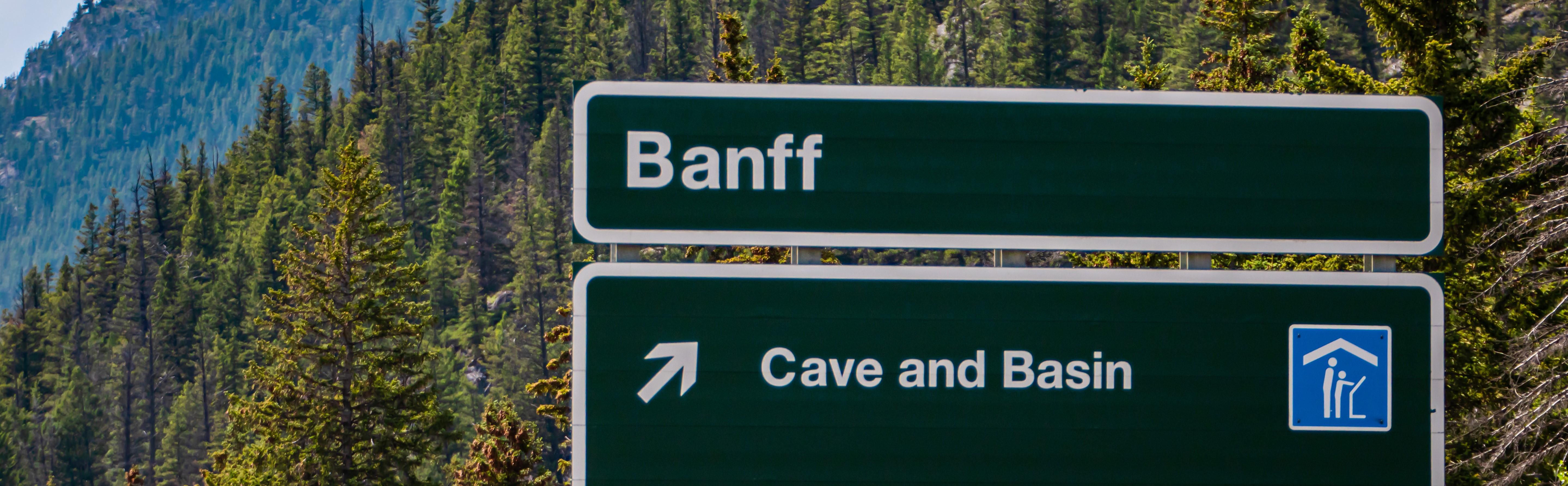 Green Parks Canada highway sign. Forest landscape in the background. Blue and white icon describing the Cave and Basin. 