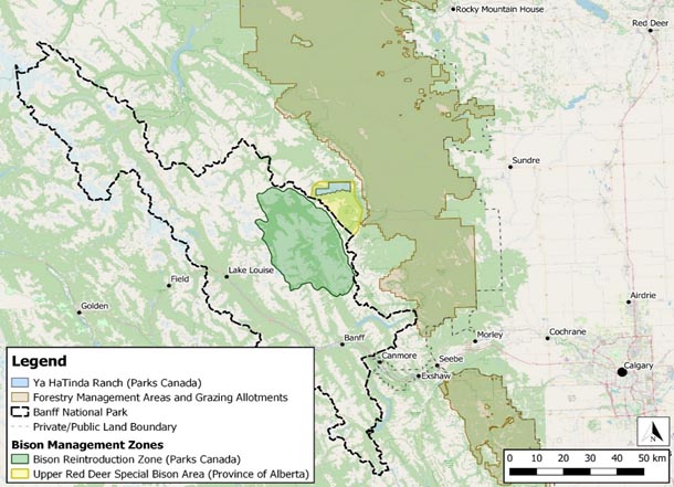 Figure 2 — Map of Banff National Park Bison Management Zones — Text description follows.