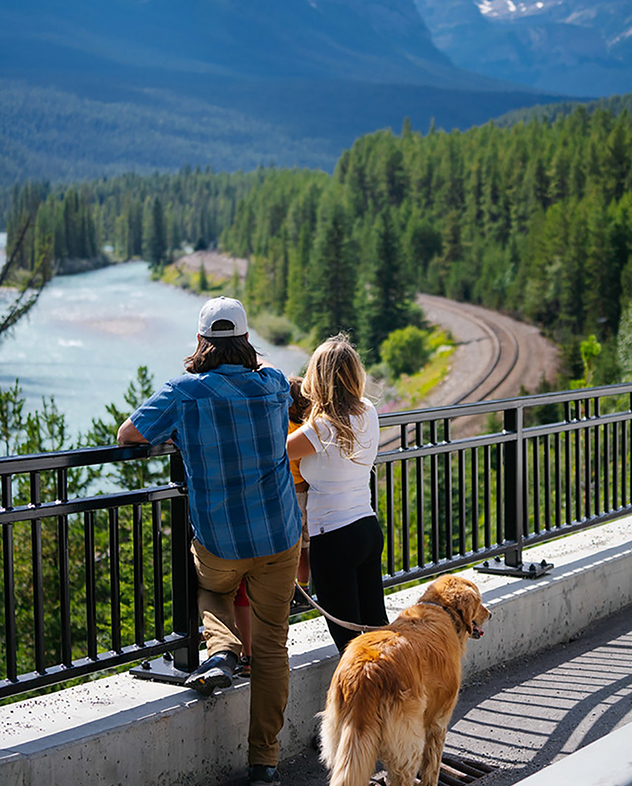 A family and their dog looking at a view of the Bow River