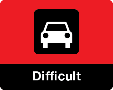 Difficult. A car icon on a red background.