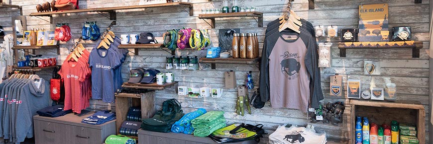 Parks Canada official merchandise on display for sale in the Elk Island National Park Visitor Information Centre