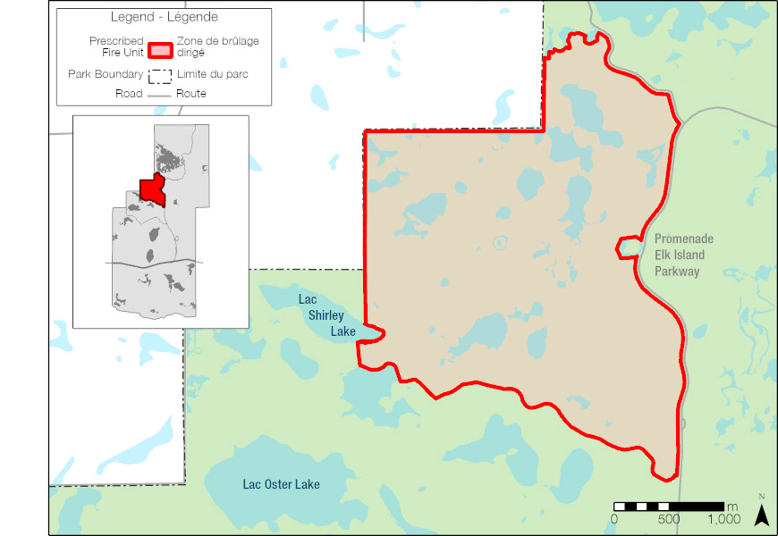 Cette carte identifie la zone visée par le brûlage dirigé au lac Shirley située dans le parc national Elk Island.