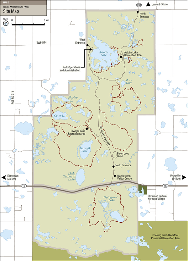  Map 2: Elk Island National Park site map — Text version follows
