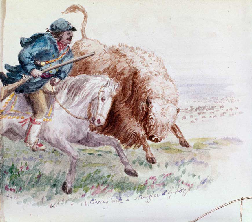 Aquarelle d’un Métis à cheval, armé d’un fusil, sa monture frôlant un énorme bison en pleine course.